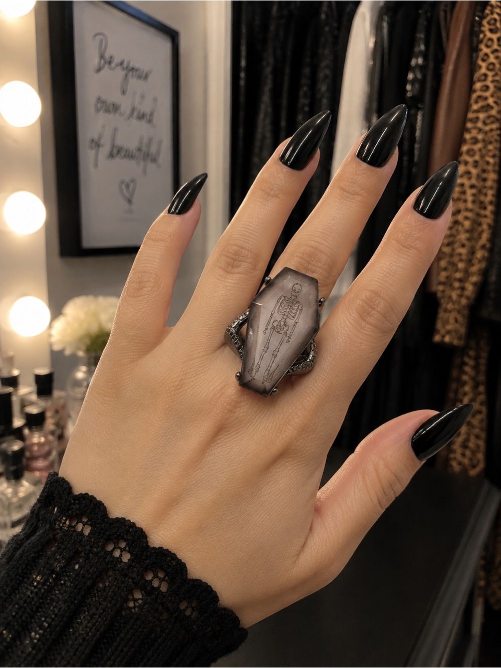 Simply Vera Vera Wang Jet Tone Coffin Ring Nickel safe Metal.NWT